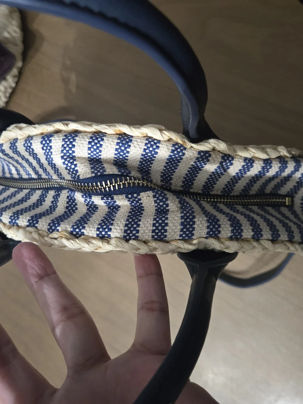 Talbots Round Straw Crossbody with Navy Trim and Handles